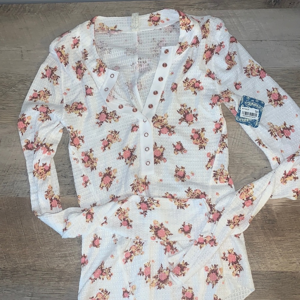 Free People Henley Top. Fitted floral print waffle knit henley